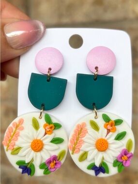 Handcrafted Pink, Teal & White Floral Polymer Clay Dangle Earrings